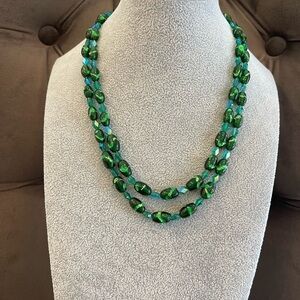 Vintage Signed Hobe' Green Foil And Peacock Glass Double Beaded Necklace